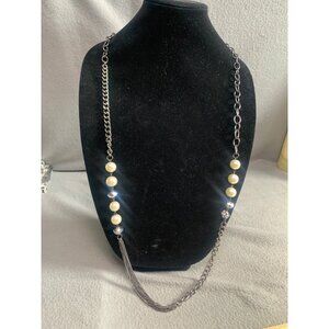 Elegant Chain Necklace with Faux Pearl & Crystal Beads 44"